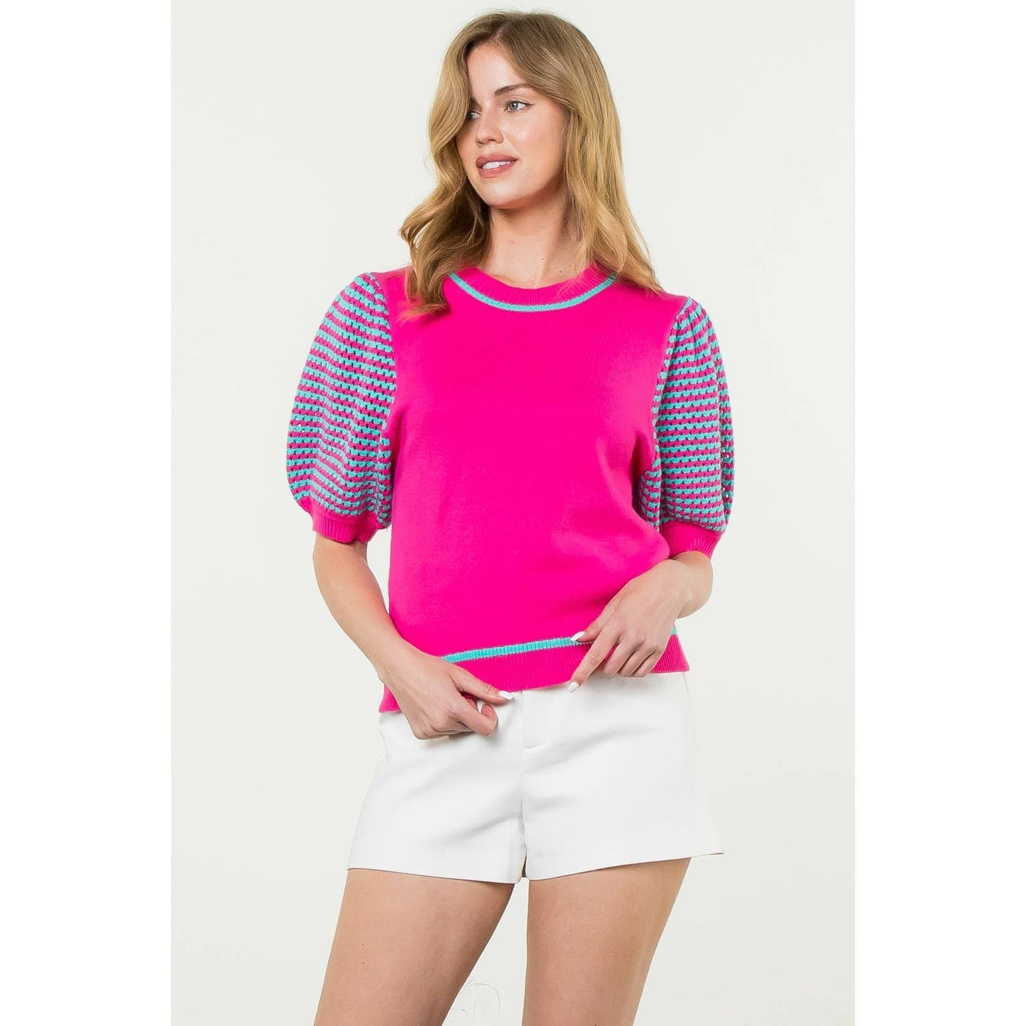 Knitted Puff Sleeve Top: MAGENTA