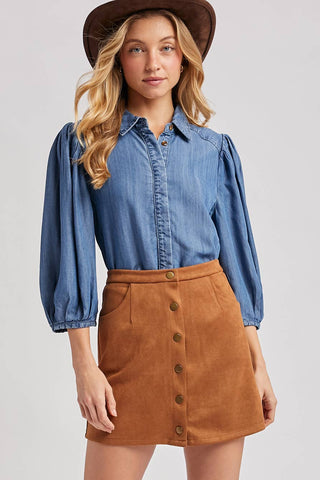 DENIM BUTTON DOWN PUFF SLEEVED SHIRT: LT.WASH / M