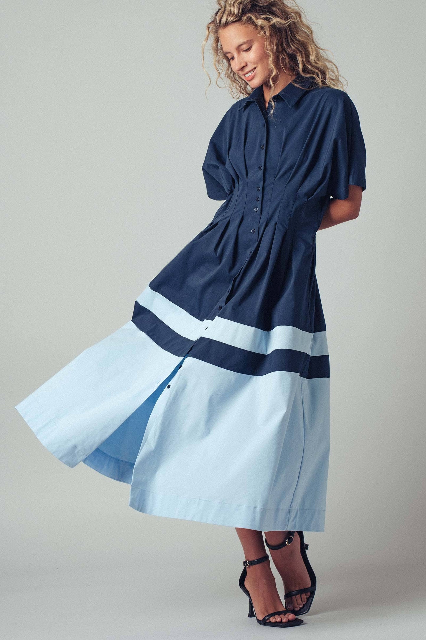 Colorblock Button-Up Cotton Midi Dress: CAMEL / S-2/M-2/L-2