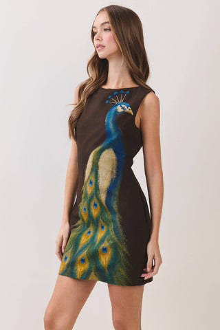 CD07499-Peacock Print Mini Dress: CHOCOLATE / L