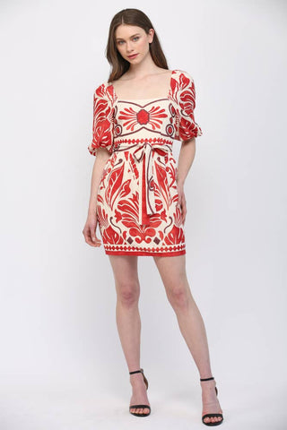 TROPICAL PRINT LINEN BLEND SASH TIE MINI DRESS FD30609: IVORY / RED / S