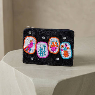 Folk Bird And Blooms Tile Beaded Coin Pouch: BLACK