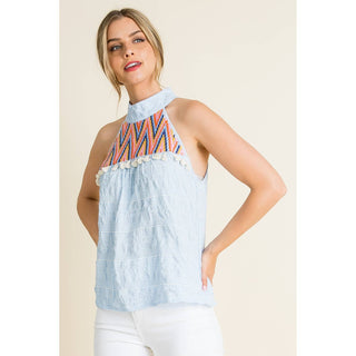 Embroidered Gingham Print Halter Top