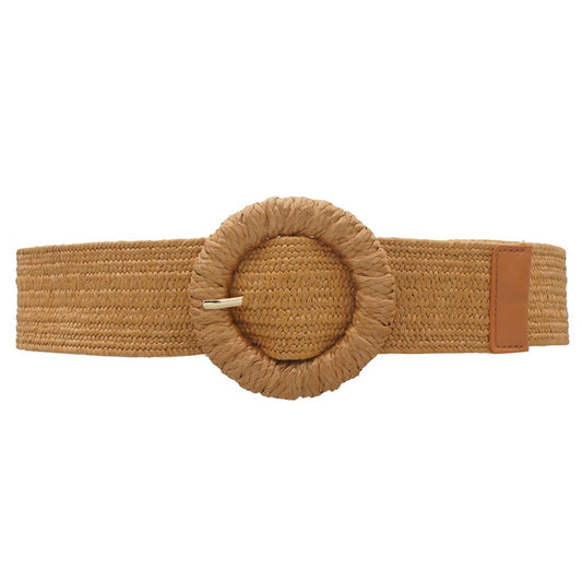 STRAW WRAPPED CIRCLE ELASTIC STRAW BELT : Cognac