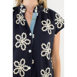 Fallon Embroidered Cap Sleeve Dress: NAVY
