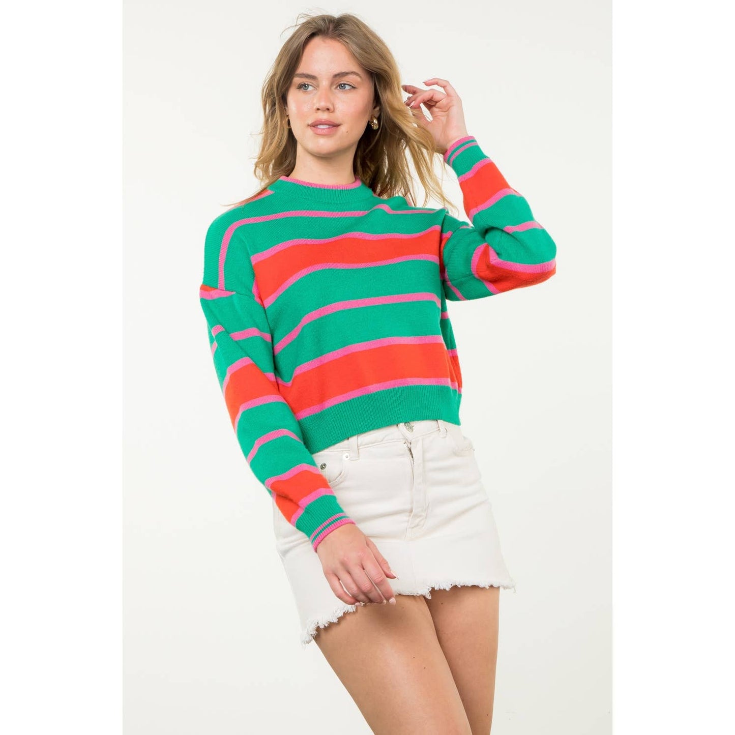 Striped Pattern Knit Sweater: GREEN