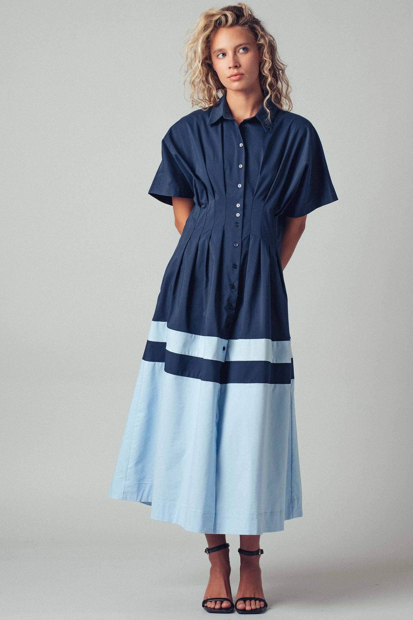 Colorblock Button-Up Cotton Midi Dress: CAMEL / S-2/M-2/L-2