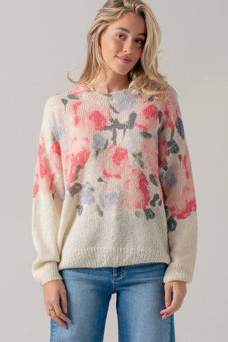 Oversized Floral Print Soft Knit Sweater: CREAM MULTI / SM-ML (3-3)
