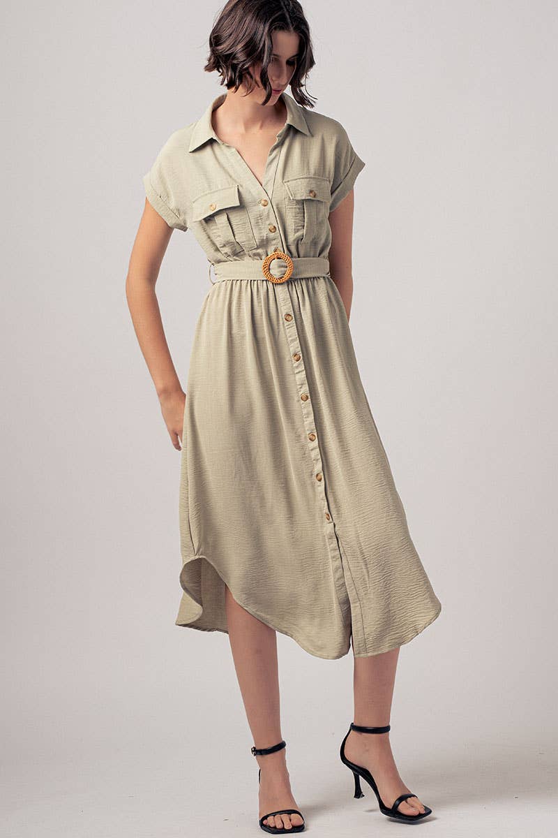 Stationary Icon Midi Shirt Dress: LT KHAKI / S-2/M-2/L-2