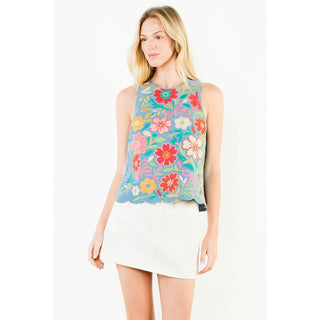 Sleeveless Denim Emb Top: LIGHT BLUE / XS-S-M-L(1-2-2-1)