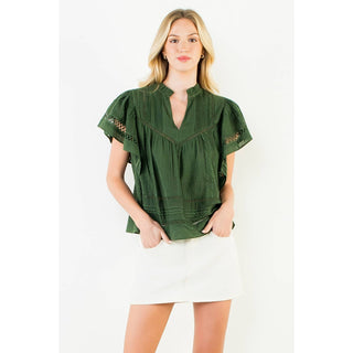 V Neck Fluttered Cut Out Top: OLIVE / XS-S-M-L(1-2-2-1)