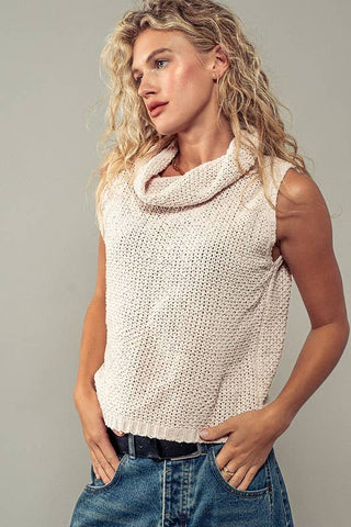 Taylor Sleeveless Cowl Neck Crochet Top: CREAM