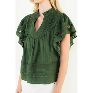 V Neck Fluttered Cut Out Top: OLIVE / XS-S-M-L(1-2-2-1)