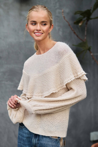 Ruffle Yoke Blouson Sleeve Knit Sweater: NATURAL / S-M-L:2-2-2