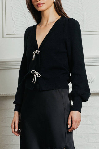 Bow Detail Puff Sleeve Cardigan: Black / XS