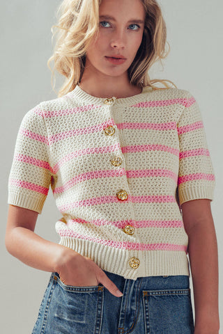 Retro  Striped Textured Knit Button-Up Top: Mocha / S-M-L:2-2-2