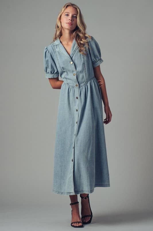 Lydia Button-Down Puff Sleeve Denim Dress