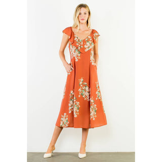 Ruffled Floral Dress: ORANGE / XS-S-M-L(1-2-2-1)