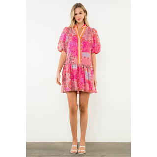 Puff Sleeve Multi Print Dress: PINK