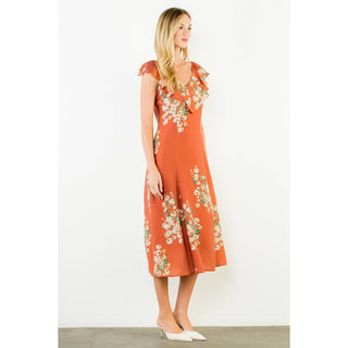 Ruffled Floral Dress: ORANGE / XS-S-M-L(1-2-2-1)
