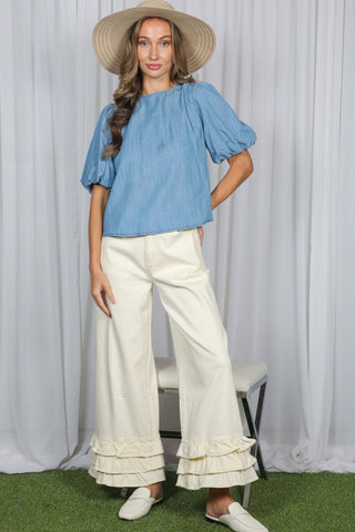 Back Bow Accent Feminine100%Tencel Chambray Top VT82621B: Light Denim / L