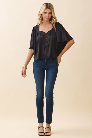 CT9707-Wide Notched Neck Draped Sleeves Top: Black / M