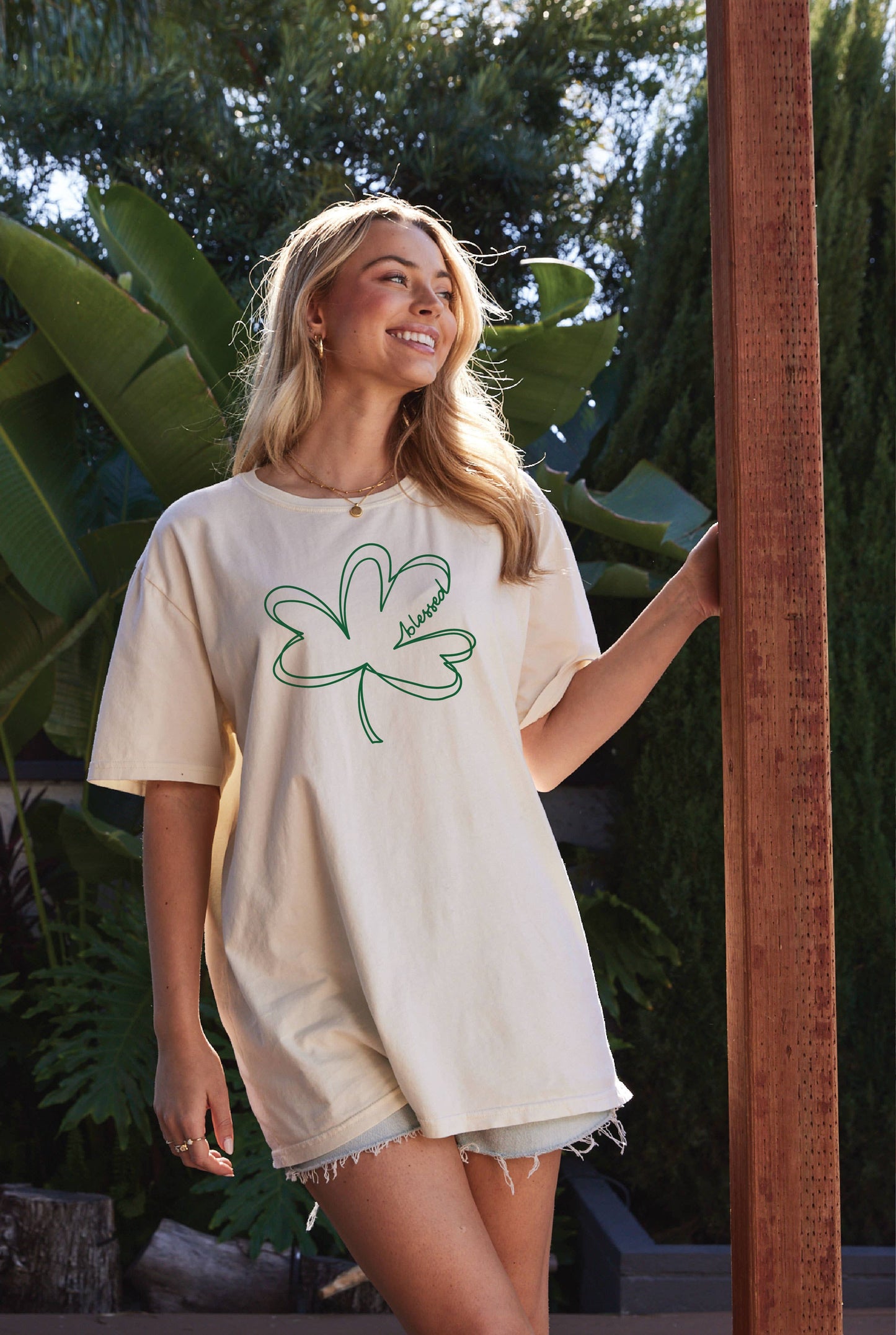 BLESSED CLOVER Oversized Graphic Top: VINTAGE JADE