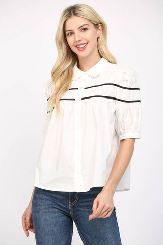 CONTRAST TAPE TRIMMED SHIRRED TOP FT25187: OFF WHITE / M