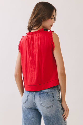 CT9933-Lace Trim Button Front Sleeveless Blouse: Red / S