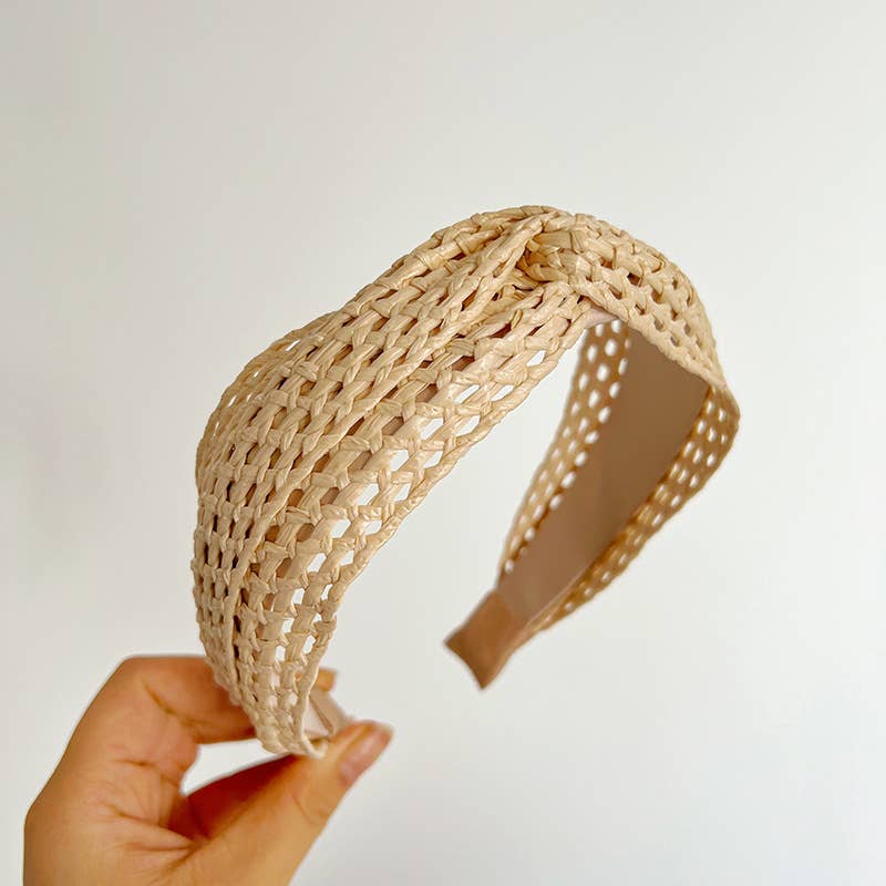 Woven Straw Twist Knot Headband: Tan