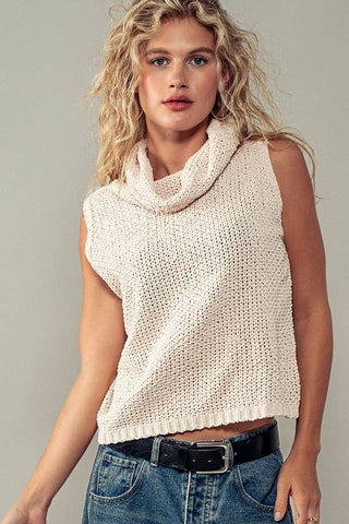 Taylor Sleeveless Cowl Neck Crochet Top: CREAM