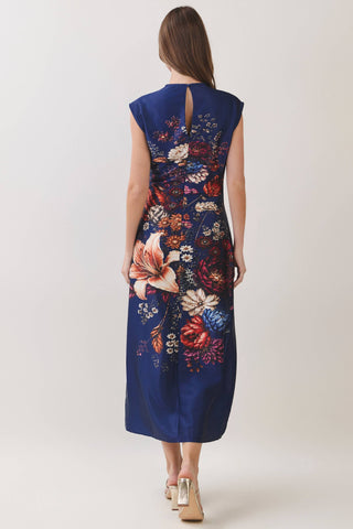 CD07530-Floral Print Satin Column Maxi Dress: NAVY / M