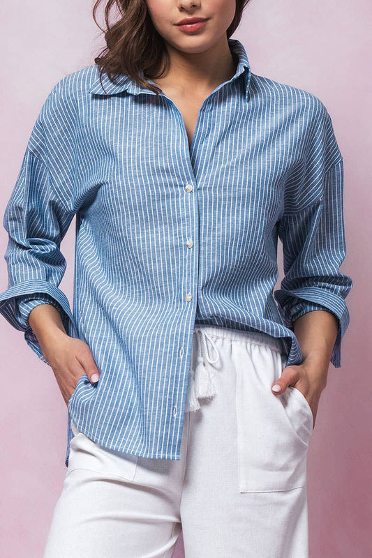Timeless Pinstripe Button Up Shirt: BLUE
