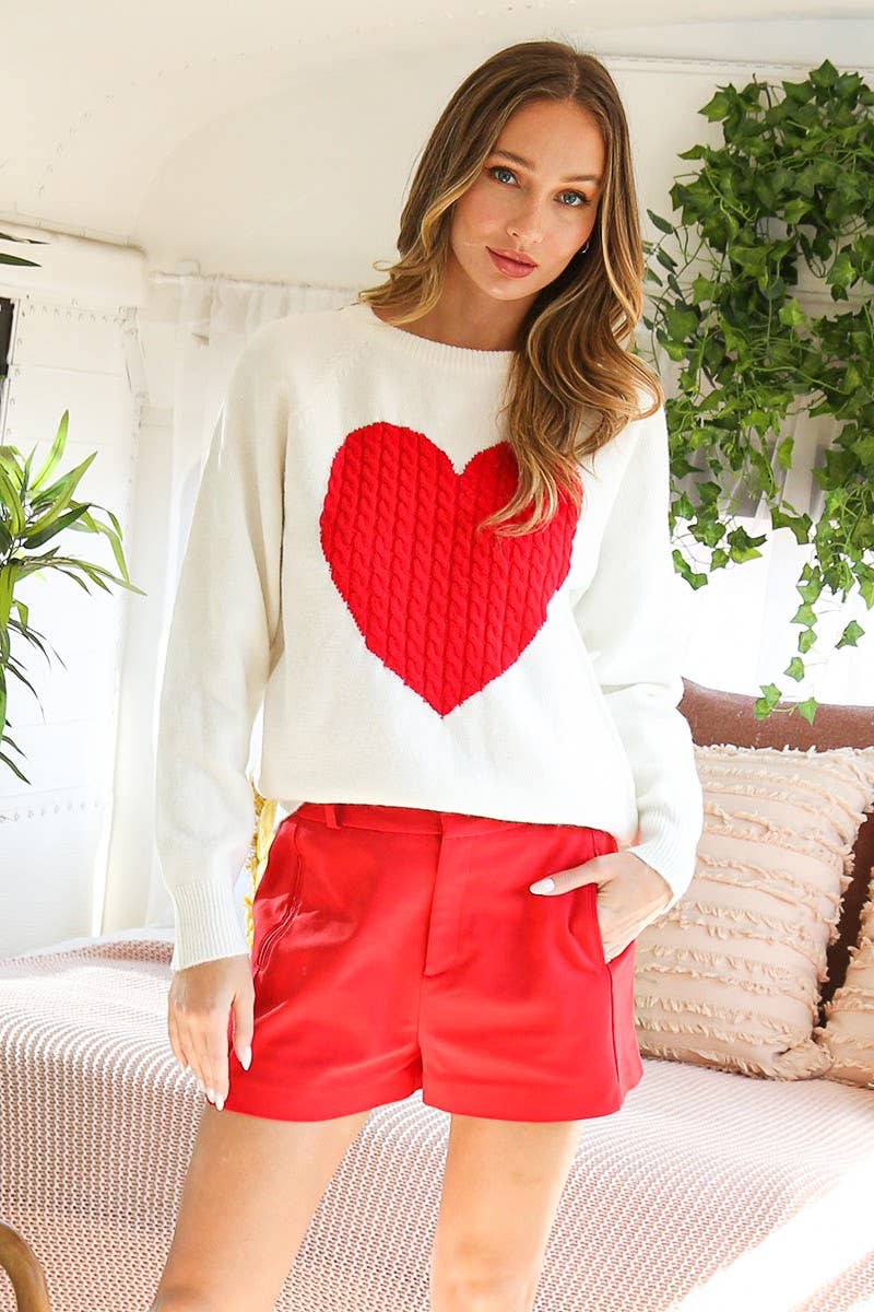 Heart Design Cable Detail Knitted Sweater Top White/Red