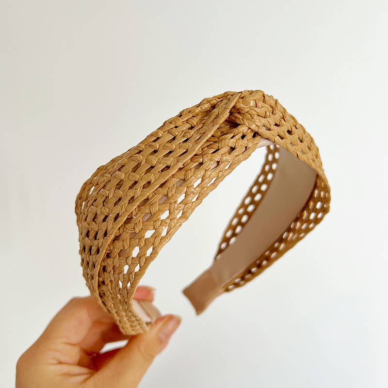 Woven Straw Twist Knot Headband: Tan