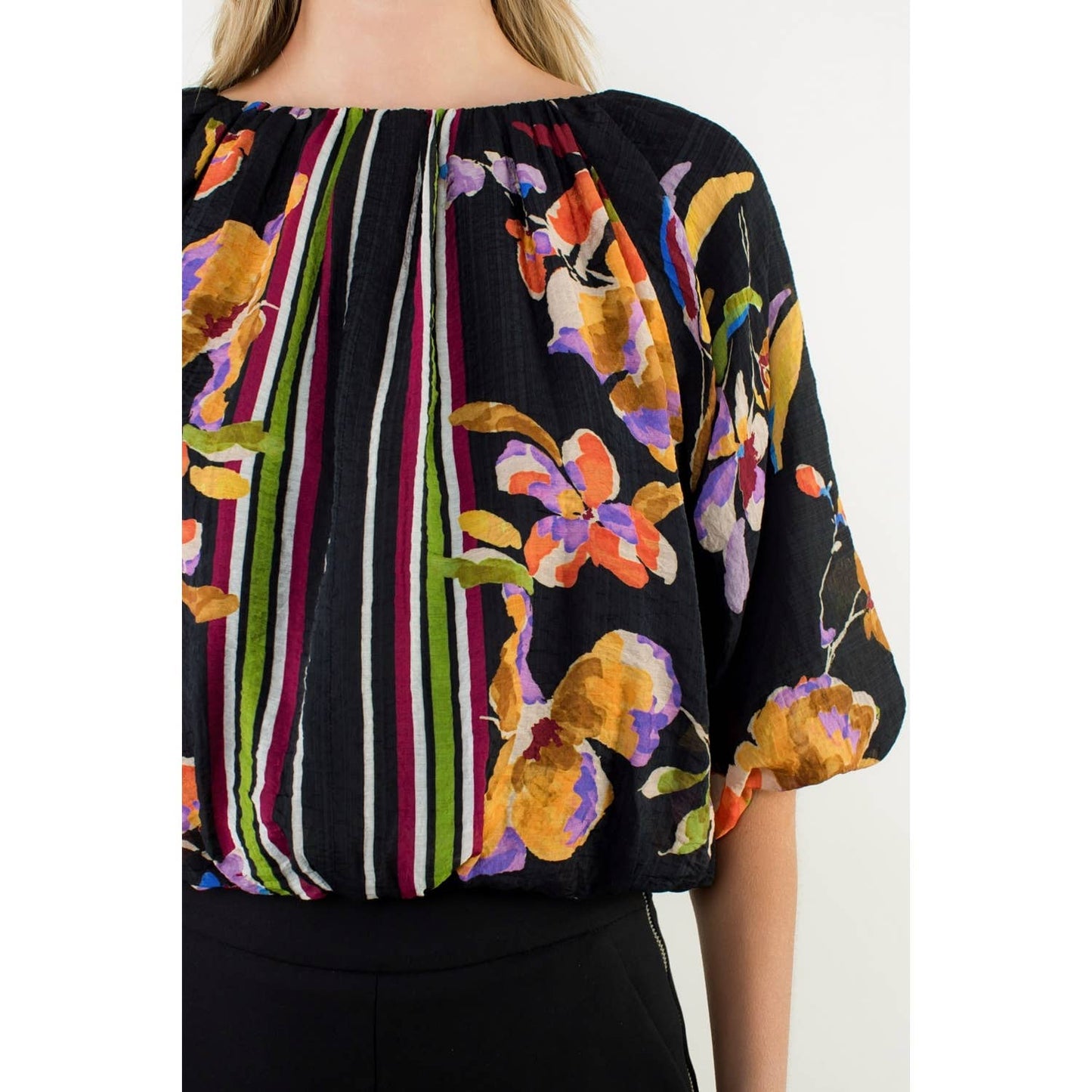 Striped Floral Puff Sleeve Blouse: BLACK / XS-S-M-L(1-2-2-1)