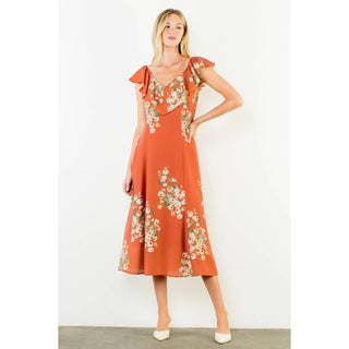 Ruffled Floral Dress: ORANGE / XS-S-M-L(1-2-2-1)