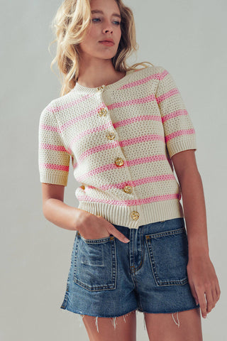 Retro  Striped Textured Knit Button-Up Top: Mocha / S-M-L:2-2-2