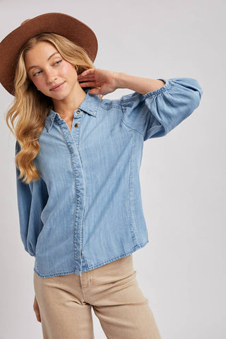 DENIM BUTTON DOWN PUFF SLEEVED SHIRT: LT.WASH / M
