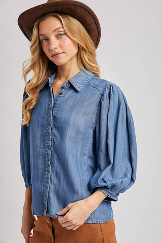 DENIM BUTTON DOWN PUFF SLEEVED SHIRT: LT.WASH / L