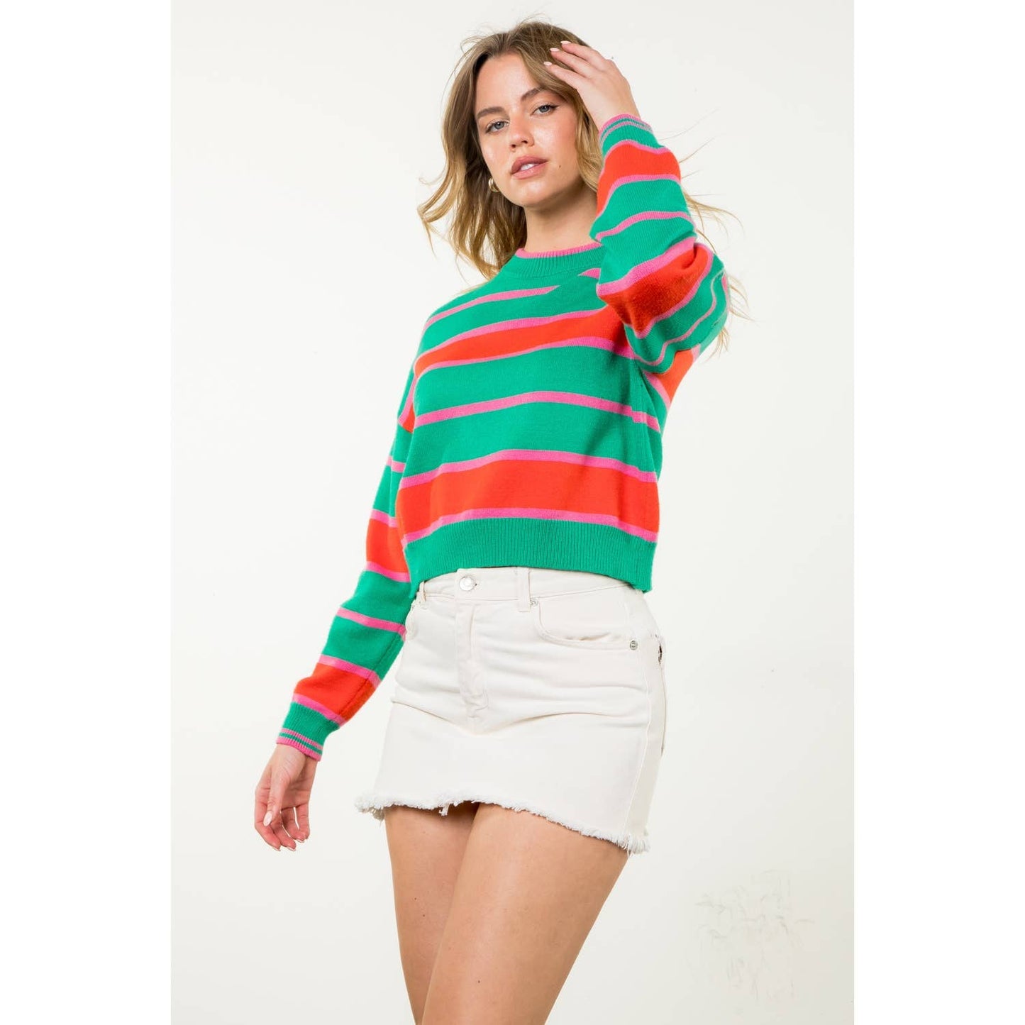 Striped Pattern Knit Sweater: GREEN