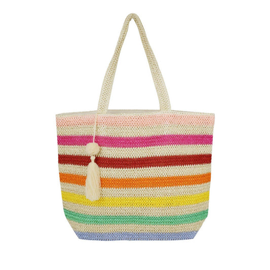 Pom Pom Tassel Multi Color Striped Tote Bag