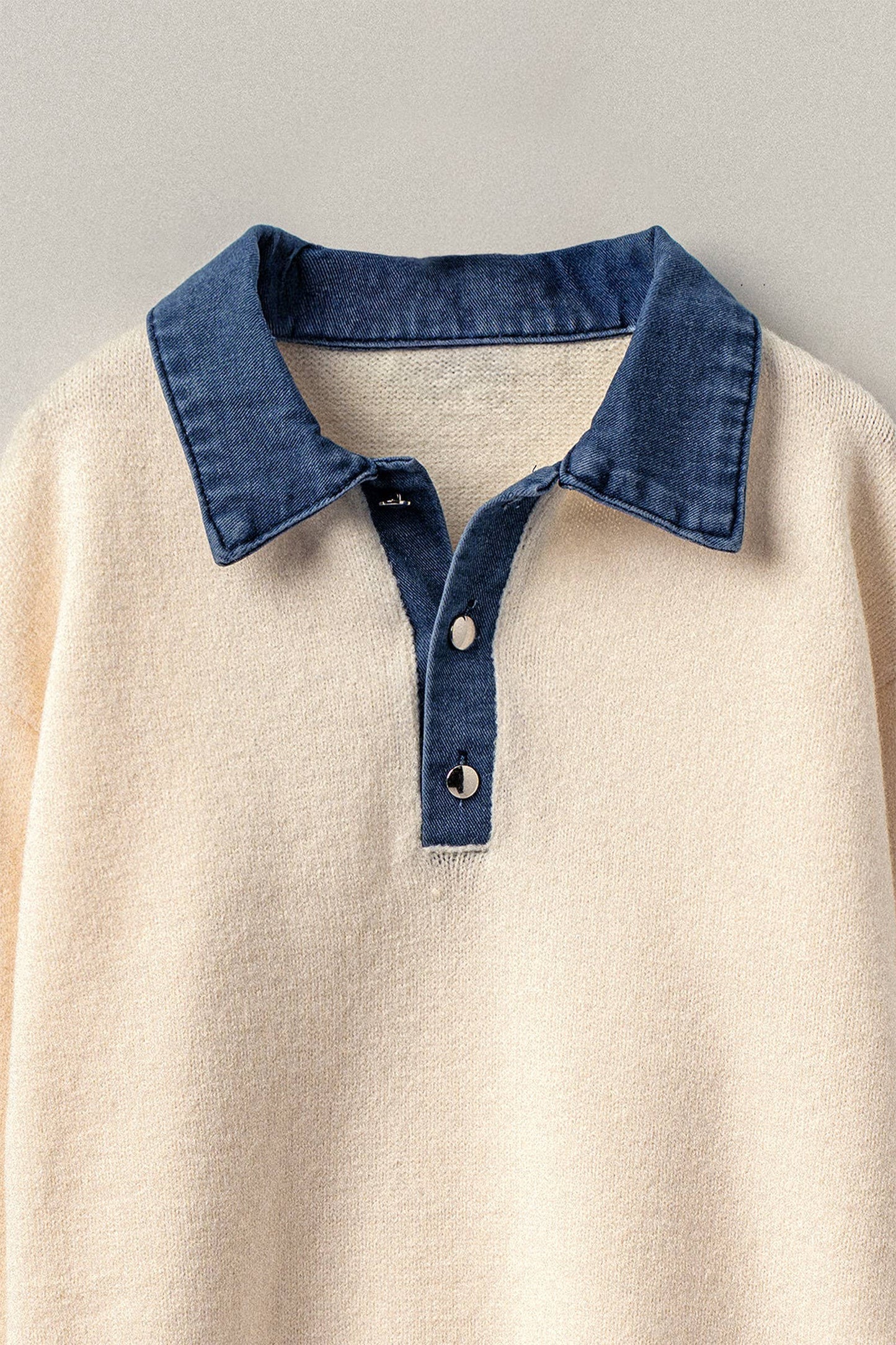 Denim Collar Contrast Button Knit Pullover: IVORY / S/M-3:M/L-3