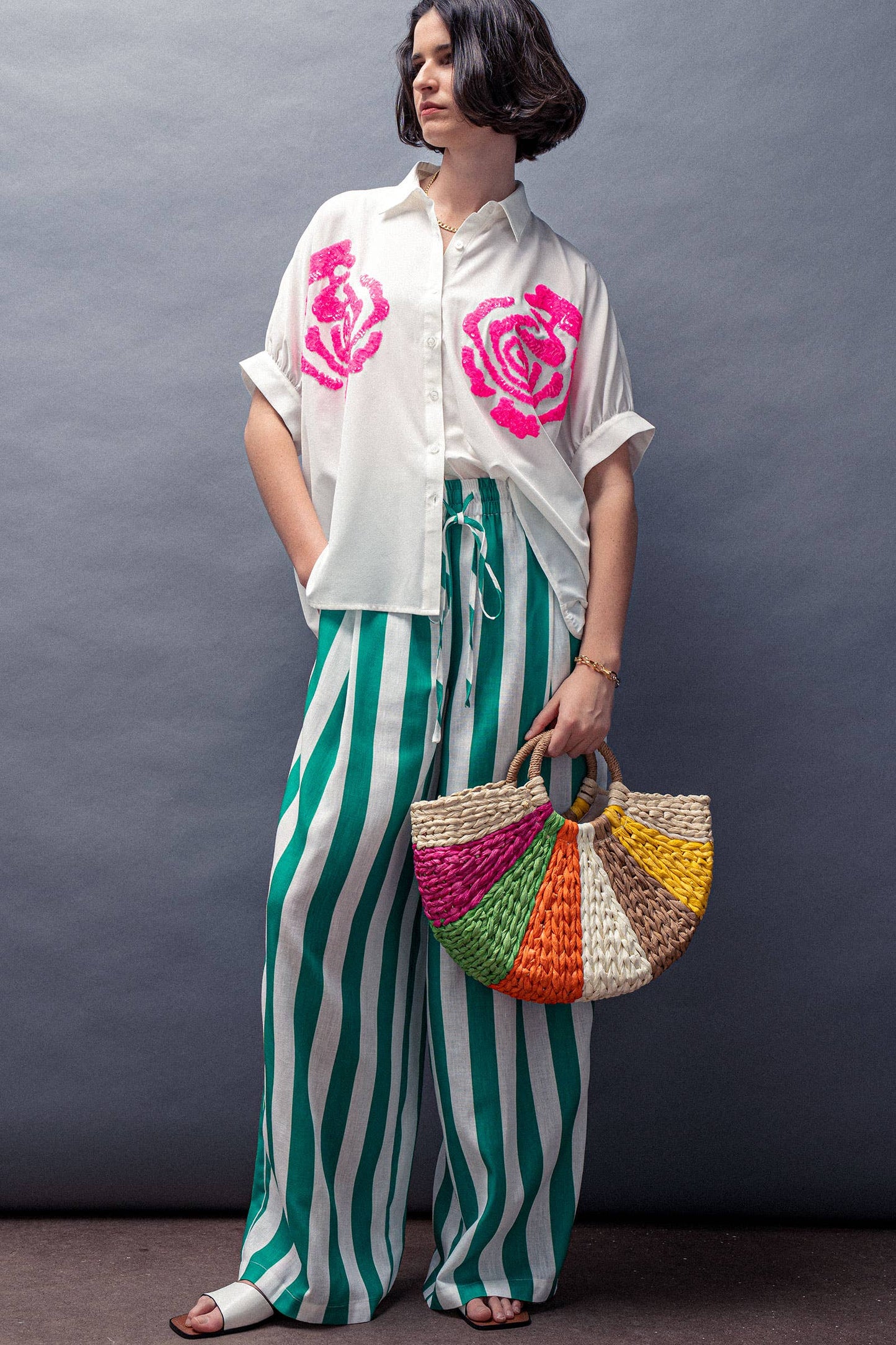 Rainbow Slice Woven Straw Tote Bag