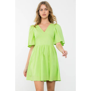 Avery Puff Sleeve V-Neck Solid Mini Dress: LIME