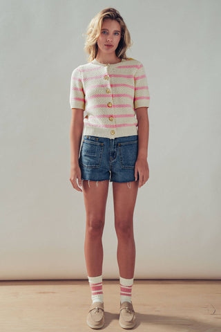 Retro  Striped Textured Knit Button-Up Top: Mocha / S-M-L:2-2-2