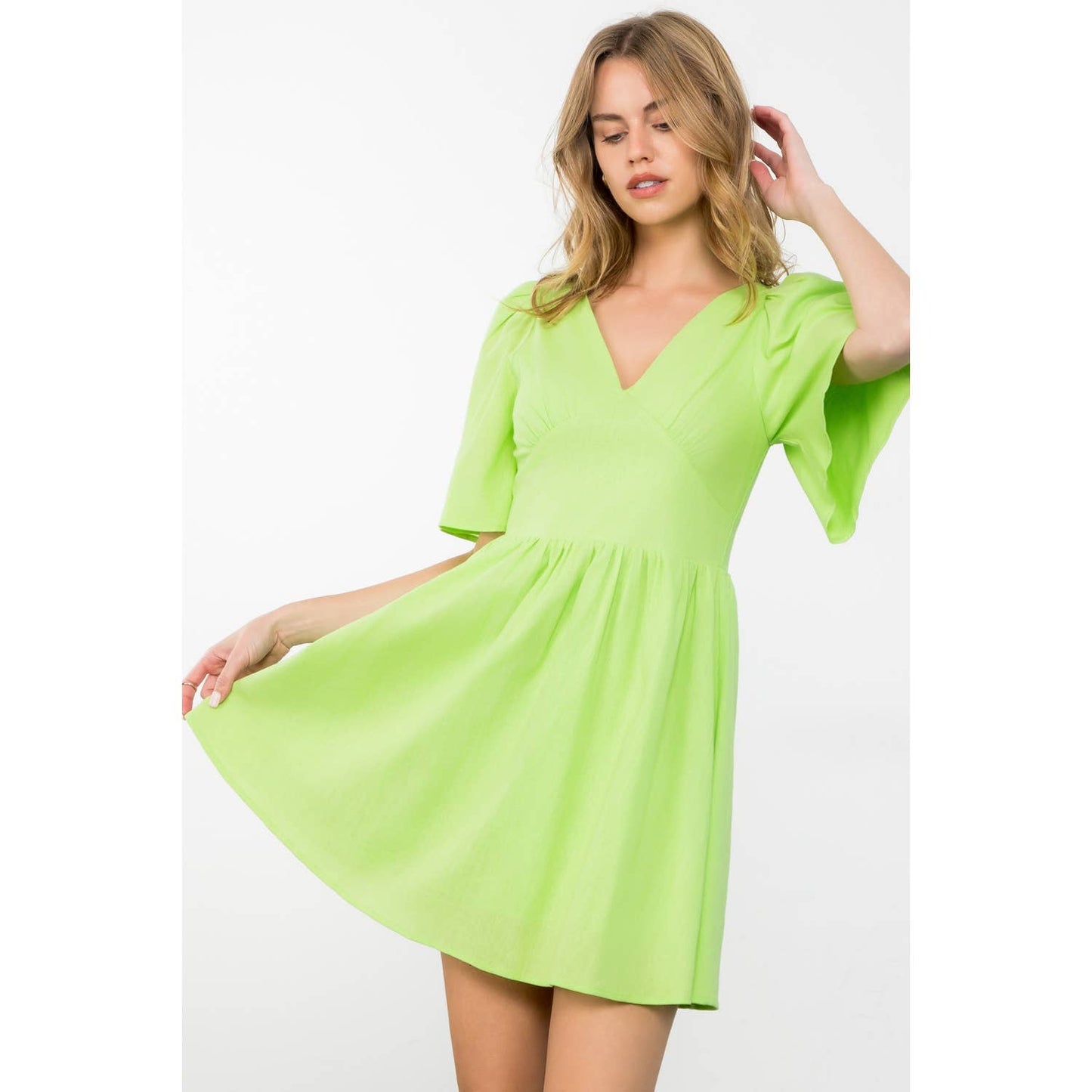 Avery Puff Sleeve V-Neck Solid Mini Dress: LIME