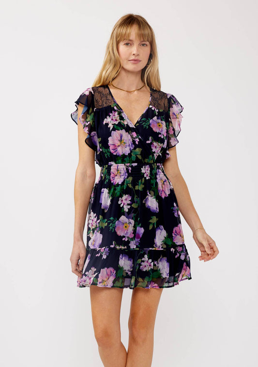 Floral Lace Flutter Sleeve Mini Dress: Navy/Lilac