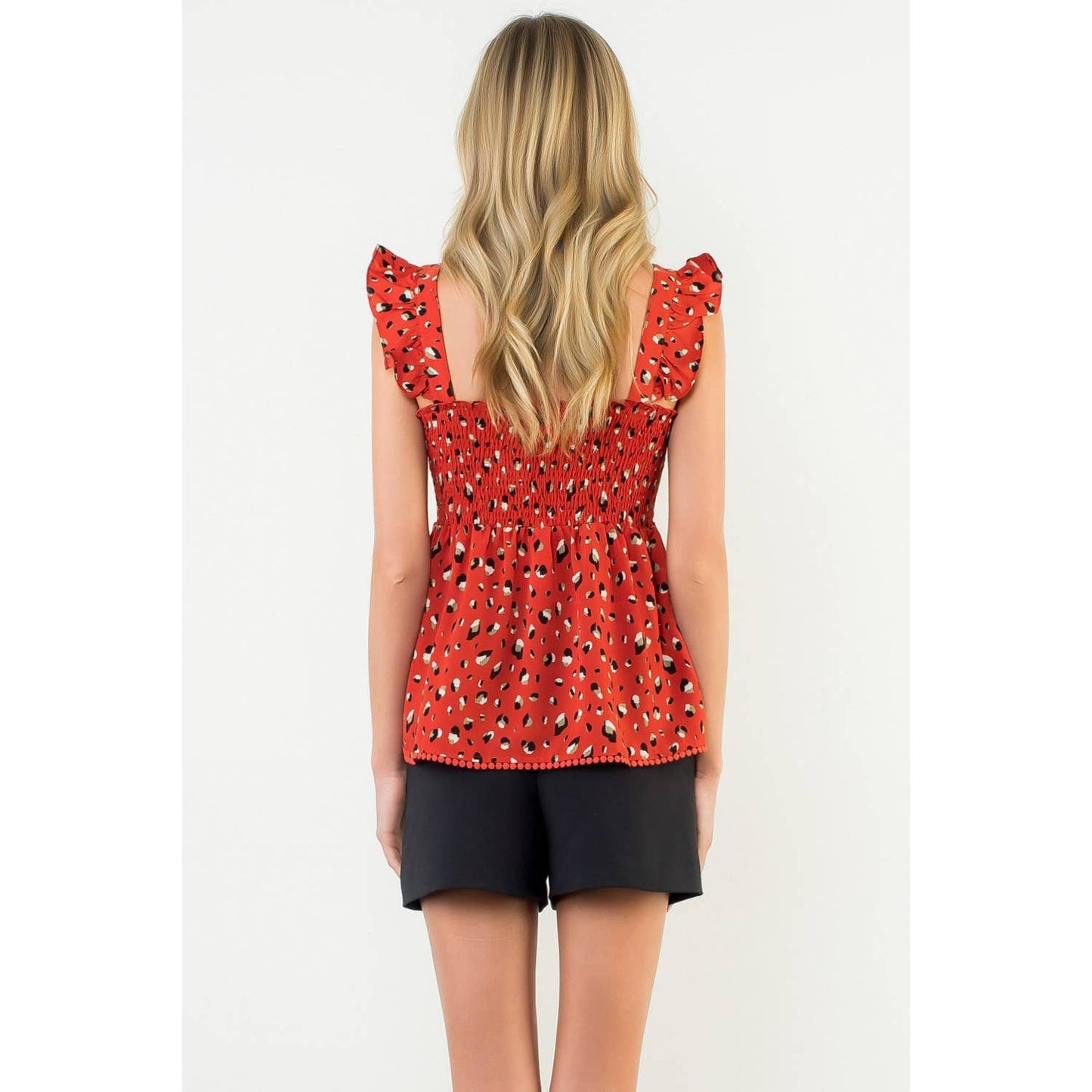 Game Day Red Smocked Ruffle Sleeve Top: RED