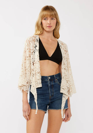 Floral Tie-Front Crochet Kimono Cover Up
